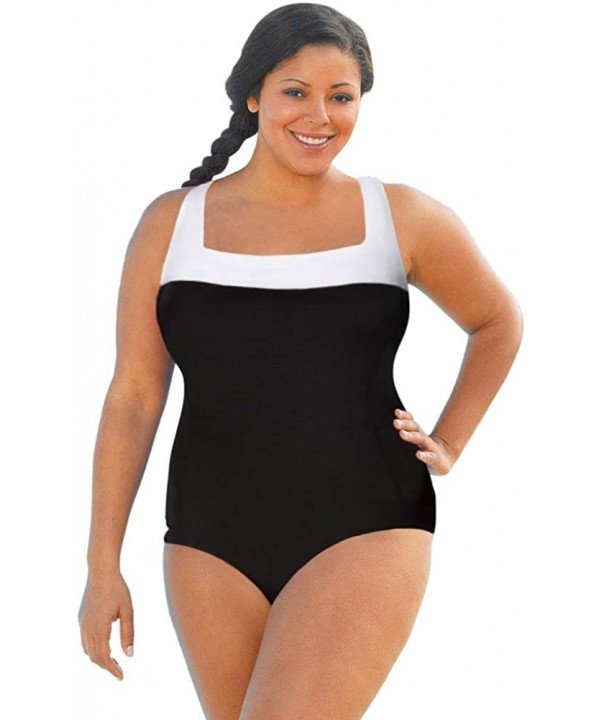 Chlorine Resistant Black and White Plus Size Square Neck Color Block One Piece Swimsuit Size 24W - CN18A3ANIUE $37.05-Racing