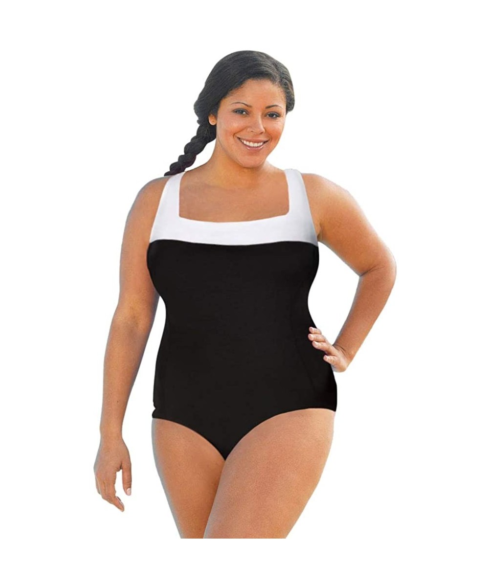 Chlorine Resistant Black and White Plus Size Square Neck Color Block One Piece Swimsuit Size 24W - CN18A3ANIUE $37.05-Racing