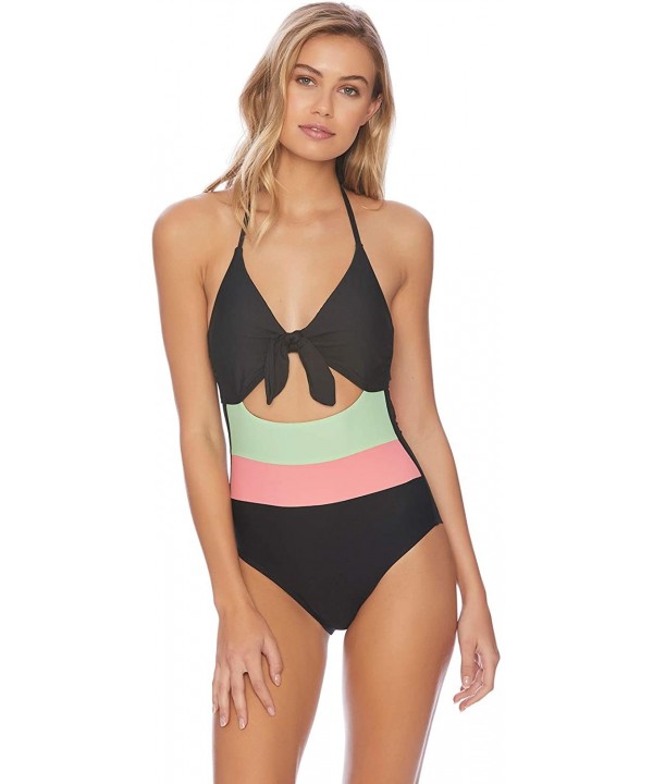 Women's Tie Front Key Hole One Piece Swimsuit - Groove Black - CI18Y96ERYU $34.44-One-Pieces