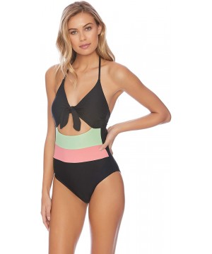 Women's Tie Front Key Hole One Piece Swimsuit - Groove Black - CI18Y96ERYU $34.44-One-Pieces