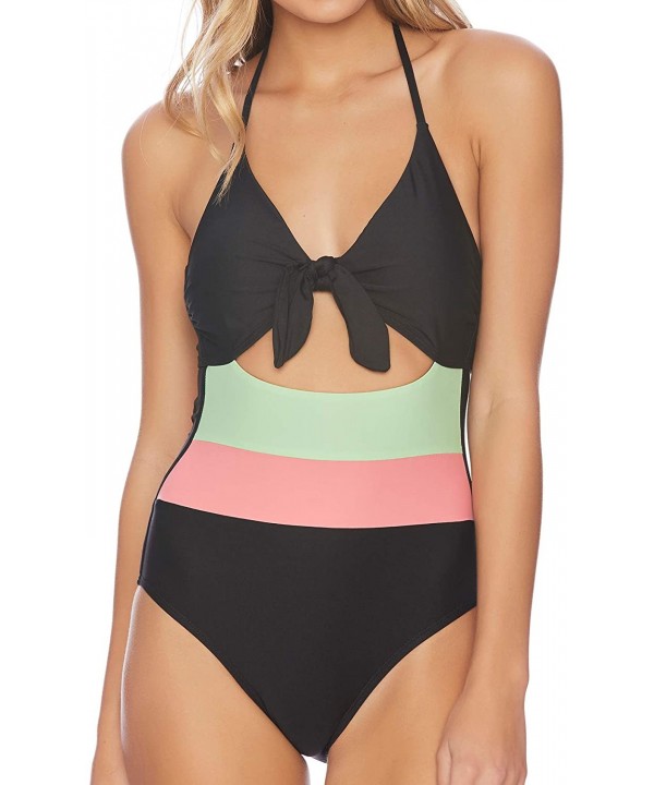 Women's Tie Front Key Hole One Piece Swimsuit - Groove Black - CI18Y96ERYU $34.44-One-Pieces