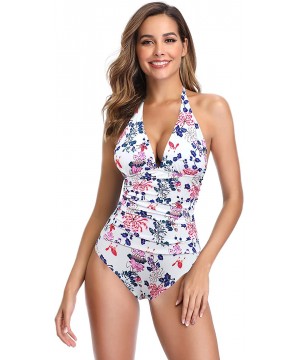 Women's Monokini Swimwear Deep V-Neck Plunge Backless High Waisted One Piece Swimsuit - Floral - White - CS18T0QX3X2 $17.19-O...