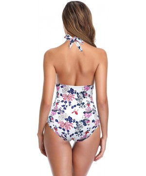 Women's Monokini Swimwear Deep V-Neck Plunge Backless High Waisted One Piece Swimsuit - Floral - White - CS18T0QX3X2 $17.19-O...