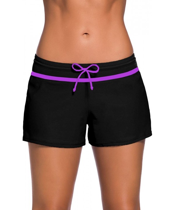 Koocii Women's Swimsuit Shorts Board Shorts Side Split Waistband Summer Beach Swimwear Trunks - Black Purple - CZ196IX02HY $1...