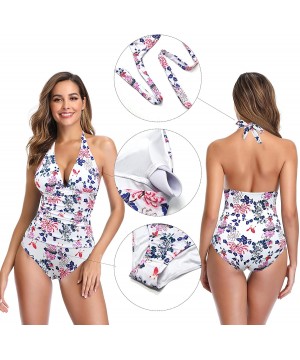 Women's Monokini Swimwear Deep V-Neck Plunge Backless High Waisted One Piece Swimsuit - Floral - White - CS18T0QX3X2 $17.19-O...