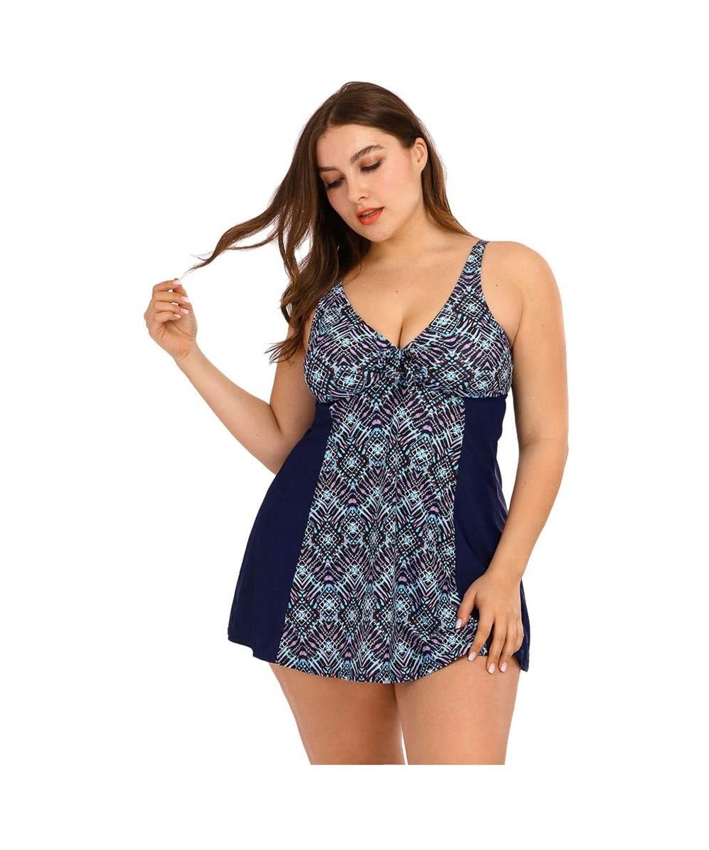 Plus Size Swimsuits for Women - Flounce Print Halter Two Piece Swimdress Irregular Hem Tankini Bikini Set Bathing Suit - D-bl...