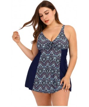 Plus Size Swimsuits for Women - Flounce Print Halter Two Piece Swimdress Irregular Hem Tankini Bikini Set Bathing Suit - D-bl...