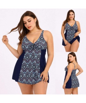 Plus Size Swimsuits for Women - Flounce Print Halter Two Piece Swimdress Irregular Hem Tankini Bikini Set Bathing Suit - D-bl...