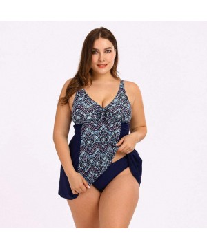 Plus Size Swimsuits for Women - Flounce Print Halter Two Piece Swimdress Irregular Hem Tankini Bikini Set Bathing Suit - D-bl...