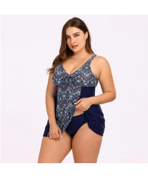 Plus Size Swimsuits for Women - Flounce Print Halter Two Piece Swimdress Irregular Hem Tankini Bikini Set Bathing Suit - D-bl...