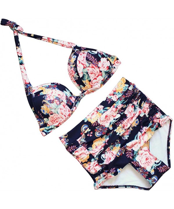 Womens Floral High Waisted Plus Size Bikini Set 2 Piece Knot Halter Neck High Waist Swimsuit - Black Floral - C81836NKSUT $22...