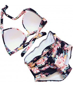 Womens Floral High Waisted Plus Size Bikini Set 2 Piece Knot Halter Neck High Waist Swimsuit - Black Floral - C81836NKSUT $22...