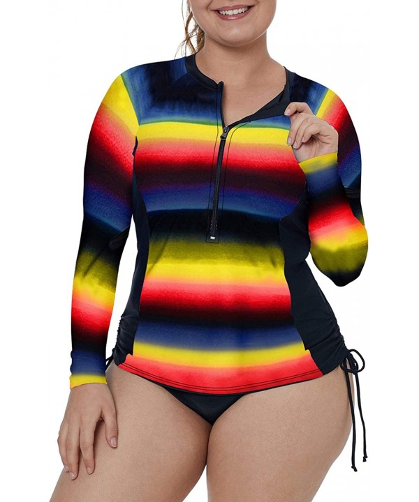 Women's Plus Size Zip-Front Multicolor Striped Long Sleeve Tankini Rashguard Top S-XXXL - Yellow - C519603YYOK $15.94-Rash Gu...