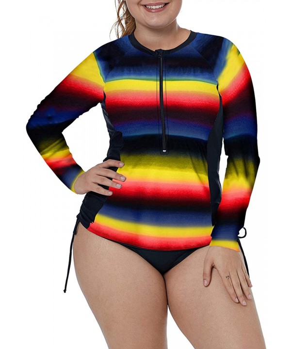 Women's Plus Size Zip-Front Multicolor Striped Long Sleeve Tankini Rashguard Top S-XXXL - Yellow - C519603YYOK $15.94-Rash Gu...