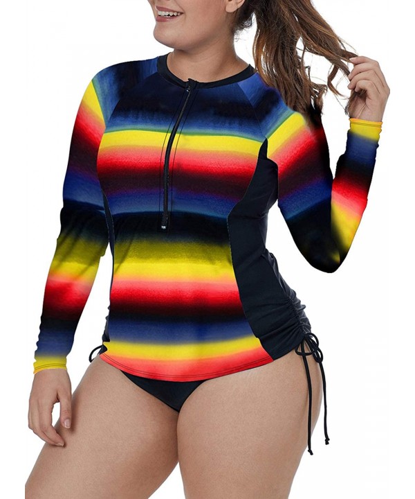 Women's Plus Size Zip-Front Multicolor Striped Long Sleeve Tankini Rashguard Top S-XXXL - Yellow - C519603YYOK $15.94-Rash Gu...