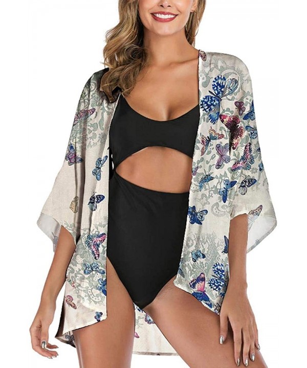 Women's Open Front Sheer Chiffon Kimono Cardigan Beach Swimsuits Cover Ups Floral Print 3/4 Sleeve Casual Loose Capes - Blue ...