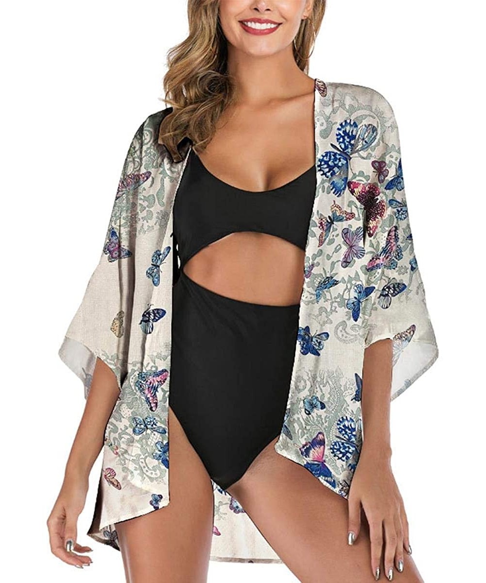 Women's Open Front Sheer Chiffon Kimono Cardigan Beach Swimsuits Cover Ups Floral Print 3/4 Sleeve Casual Loose Capes - Blue ...