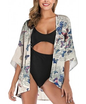 Women's Open Front Sheer Chiffon Kimono Cardigan Beach Swimsuits Cover Ups Floral Print 3/4 Sleeve Casual Loose Capes - Blue ...