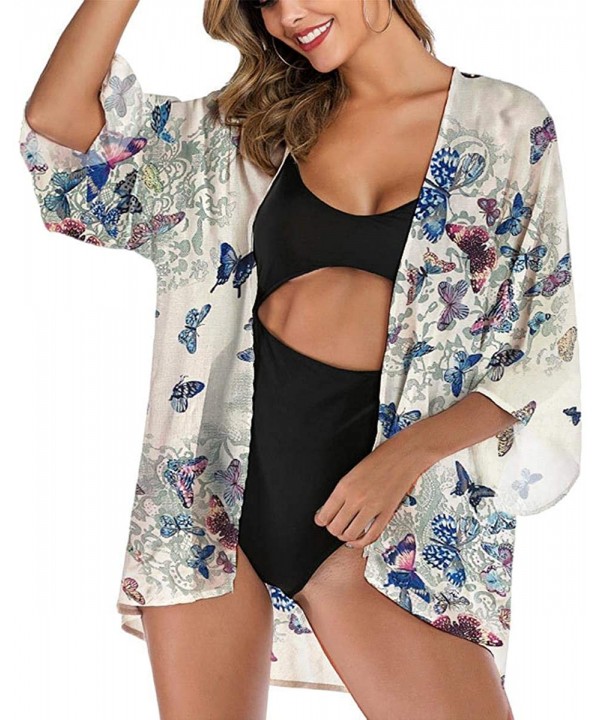 Women's Open Front Sheer Chiffon Kimono Cardigan Beach Swimsuits Cover Ups Floral Print 3/4 Sleeve Casual Loose Capes - Blue ...