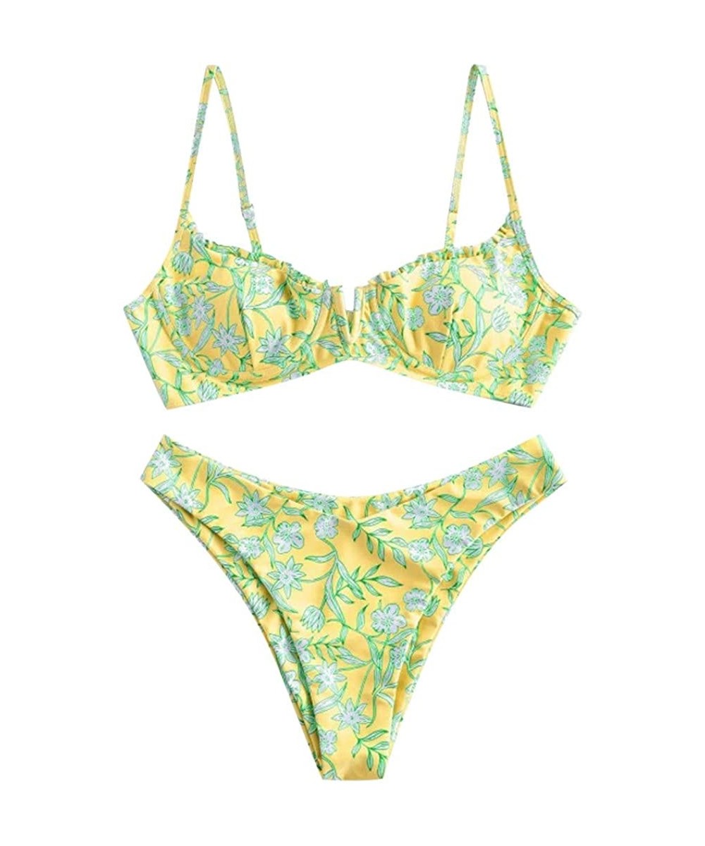 Womens Two Piece Bikini Set Floral V-Wire Underwire High Leg Swimsuit Tie Knot Swimwear - Yellow - CQ196RKQZD0 $15.92-Sets