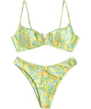 Womens Two Piece Bikini Set Floral V-Wire Underwire High Leg Swimsuit Tie Knot Swimwear - Yellow - CQ196RKQZD0 $15.92-Sets