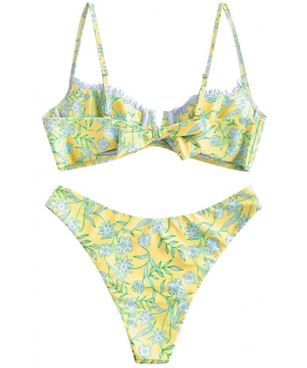 Womens Two Piece Bikini Set Floral V-Wire Underwire High Leg Swimsuit Tie Knot Swimwear - Yellow - CQ196RKQZD0 $15.92-Sets