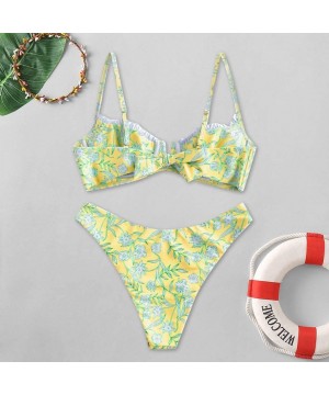 Womens Two Piece Bikini Set Floral V-Wire Underwire High Leg Swimsuit Tie Knot Swimwear - Yellow - CQ196RKQZD0 $15.92-Sets