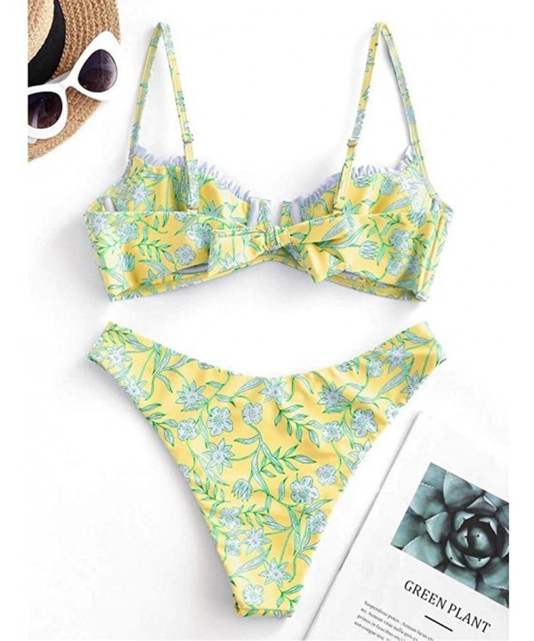 Womens Two Piece Bikini Set Floral V-Wire Underwire High Leg Swimsuit Tie Knot Swimwear - Yellow - CQ196RKQZD0 $15.92-Sets