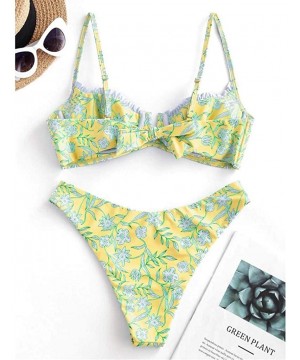 Womens Two Piece Bikini Set Floral V-Wire Underwire High Leg Swimsuit Tie Knot Swimwear - Yellow - CQ196RKQZD0 $15.92-Sets