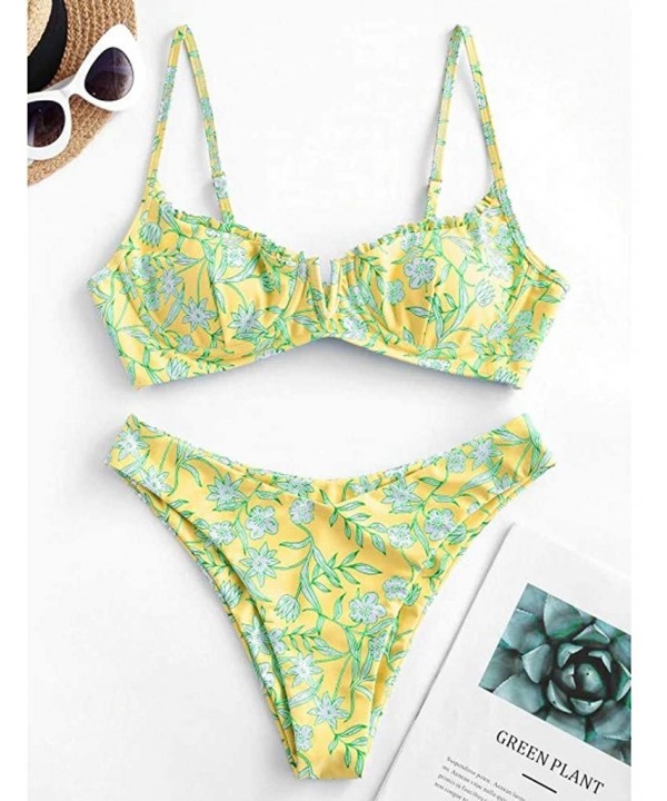 Womens Two Piece Bikini Set Floral V-Wire Underwire High Leg Swimsuit Tie Knot Swimwear - Yellow - CQ196RKQZD0 $15.92-Sets