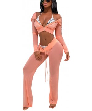 Women's Sexy 2 Piece Mesh Swimsuit Bikini Cover Up Hoodie Crop Tops and Pants Set Summer Beach Party Outfits Pink - CA18HRKSD...