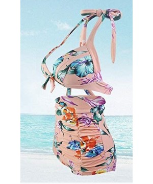 Women's Split Swimsuit Bandage high Waist Printed Bikini (with Chest pad) - Pink - CN190SDERIT $23.36-Sets