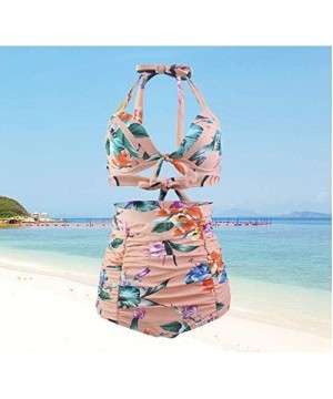 Women's Split Swimsuit Bandage high Waist Printed Bikini (with Chest pad) - Pink - CN190SDERIT $23.36-Sets