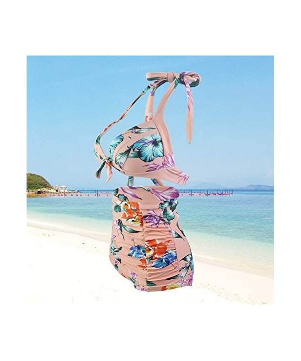 Women's Split Swimsuit Bandage high Waist Printed Bikini (with Chest pad) - Pink - CN190SDERIT $23.36-Sets