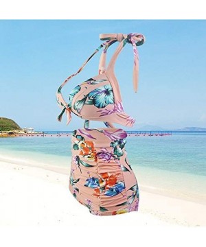 Women's Split Swimsuit Bandage high Waist Printed Bikini (with Chest pad) - Pink - CN190SDERIT $23.36-Sets