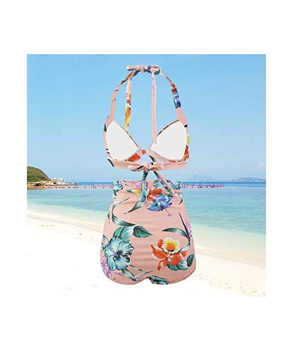 Women's Split Swimsuit Bandage high Waist Printed Bikini (with Chest pad) - Pink - CN190SDERIT $23.36-Sets