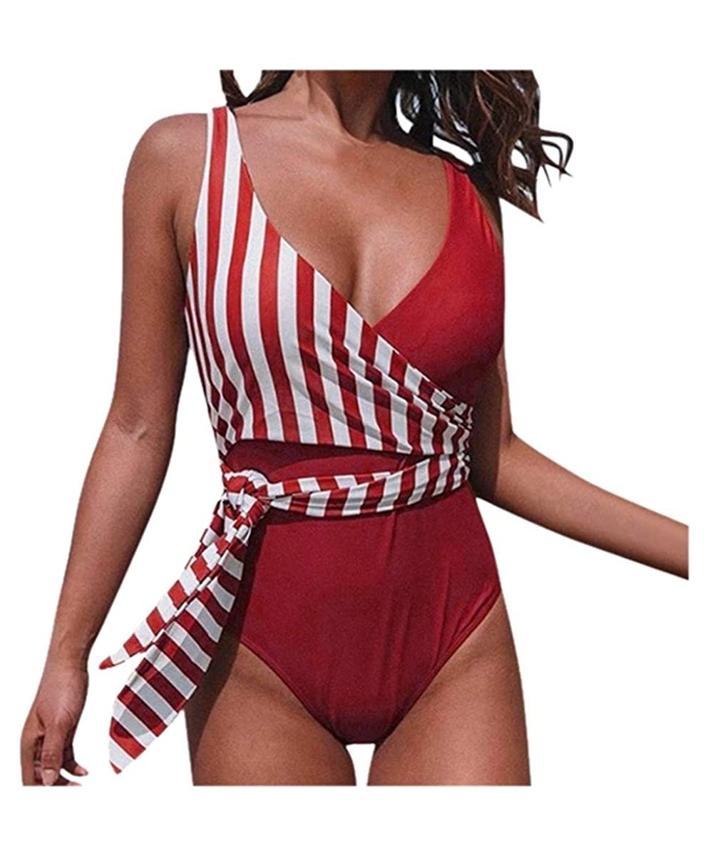 Women Sexy Bandage Stripe Bikini One Piece Swimsuit Bathing Suit Lace up Swimwear - Red - CR1962MEUZQ $20.99-One-Pieces