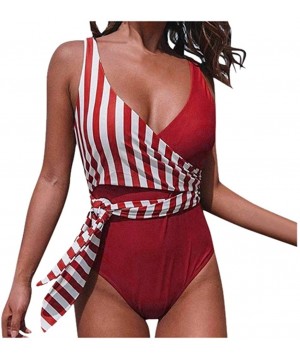 Women Sexy Bandage Stripe Bikini One Piece Swimsuit Bathing Suit Lace up Swimwear - Red - CR1962MEUZQ $20.99-One-Pieces