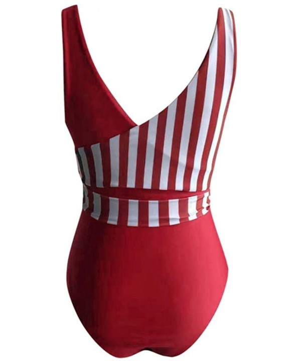 Women Sexy Bandage Stripe Bikini One Piece Swimsuit Bathing Suit Lace up Swimwear - Red - CR1962MEUZQ $20.99-One-Pieces