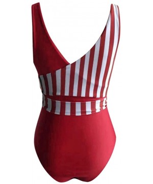 Women Sexy Bandage Stripe Bikini One Piece Swimsuit Bathing Suit Lace up Swimwear - Red - CR1962MEUZQ $20.99-One-Pieces