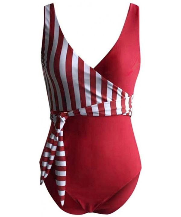 Women Sexy Bandage Stripe Bikini One Piece Swimsuit Bathing Suit Lace up Swimwear - Red - CR1962MEUZQ $20.99-One-Pieces