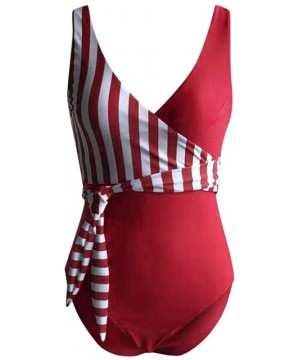 Women Sexy Bandage Stripe Bikini One Piece Swimsuit Bathing Suit Lace up Swimwear - Red - CR1962MEUZQ $20.99-One-Pieces