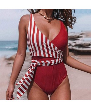 Women Sexy Bandage Stripe Bikini One Piece Swimsuit Bathing Suit Lace up Swimwear - Red - CR1962MEUZQ $20.99-One-Pieces