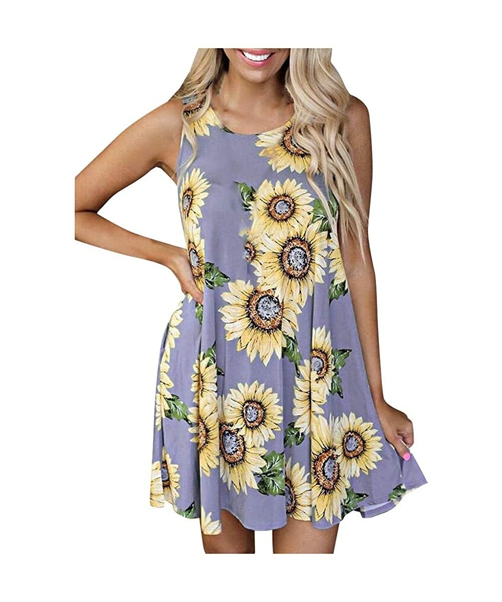 Dresses for Women Casual Summer Sunflower Print Sleeveless Mini Dress Vest Cami Tank Dress Loose Beach Sundress Purple - CR19...