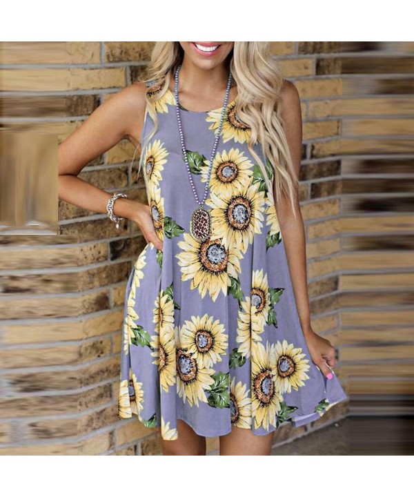 Dresses for Women Casual Summer Sunflower Print Sleeveless Mini Dress Vest Cami Tank Dress Loose Beach Sundress Purple - CR19...