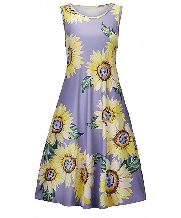 Dresses for Women Casual Summer Sunflower Print Sleeveless Mini Dress Vest Cami Tank Dress Loose Beach Sundress Purple - CR19...