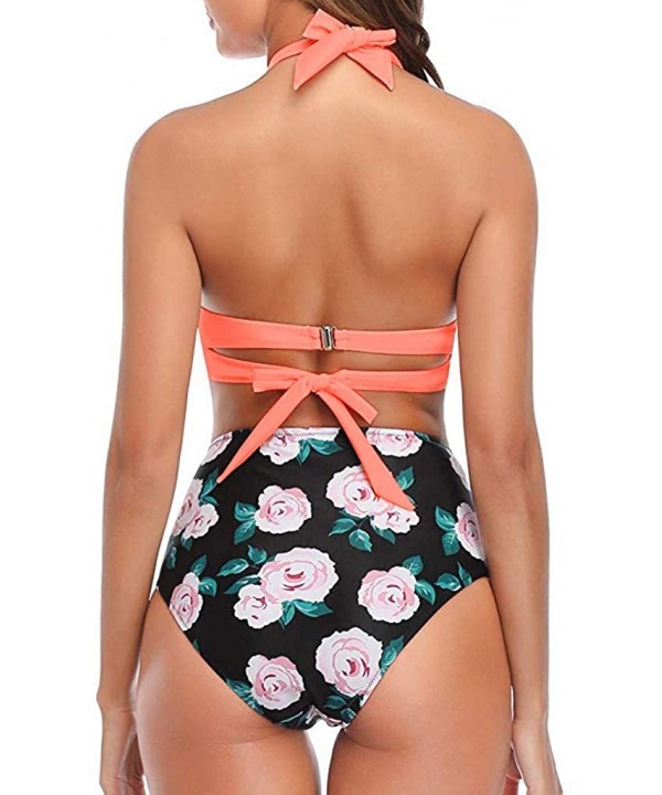 Swimsuit for Women Two Piece Retro Halter Ruched High Waist Print Bikini Set Swimwear Beach Bathing Suits Orange - CF1940GQ38...