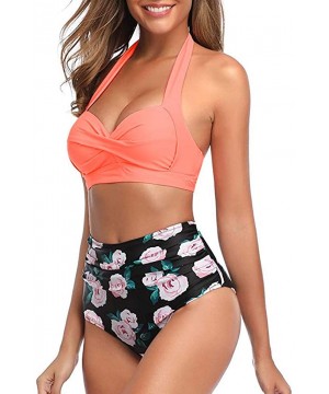 Swimsuit for Women Two Piece Retro Halter Ruched High Waist Print Bikini Set Swimwear Beach Bathing Suits Orange - CF1940GQ38...