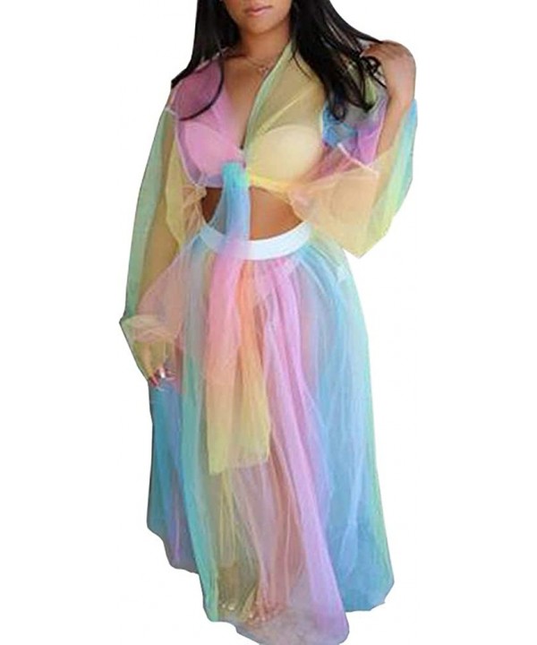 Womens Rainbow Mesh See Through Self Tie Crop Top Long Skirt Cover Ups - 2 Piece Set - Rainbow - CD18SKNWNNN $21.02-Cover-Ups