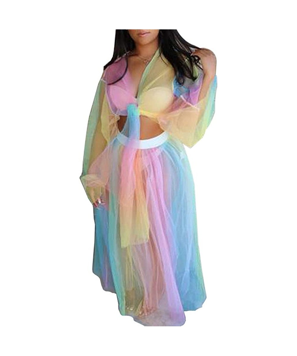 Womens Rainbow Mesh See Through Self Tie Crop Top Long Skirt Cover Ups - 2 Piece Set - Rainbow - CD18SKNWNNN $21.02-Cover-Ups